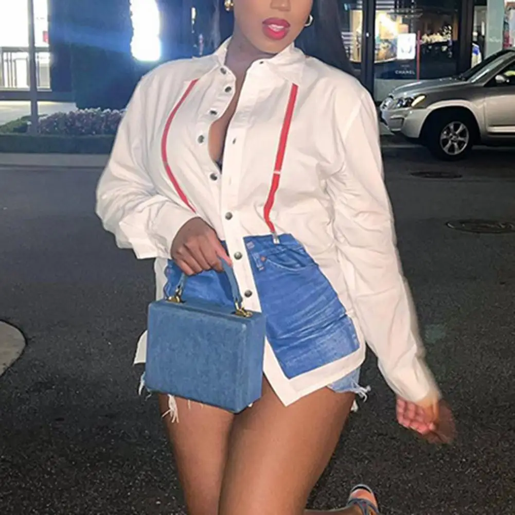 

Trendy Women Shirt Buttons Closure Comfortable Work Shirt Suspender Jeans Pattern Women Shirt