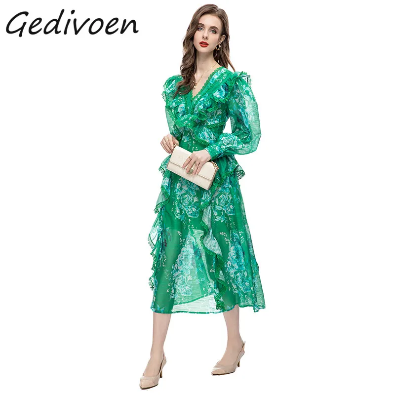 

Женское платье средней длины Gedivoen, летнее модельное зеленое платье с V-образным вырезом, открытой спиной и оборками, Пляжное Платье с винтажным цветочным принтом