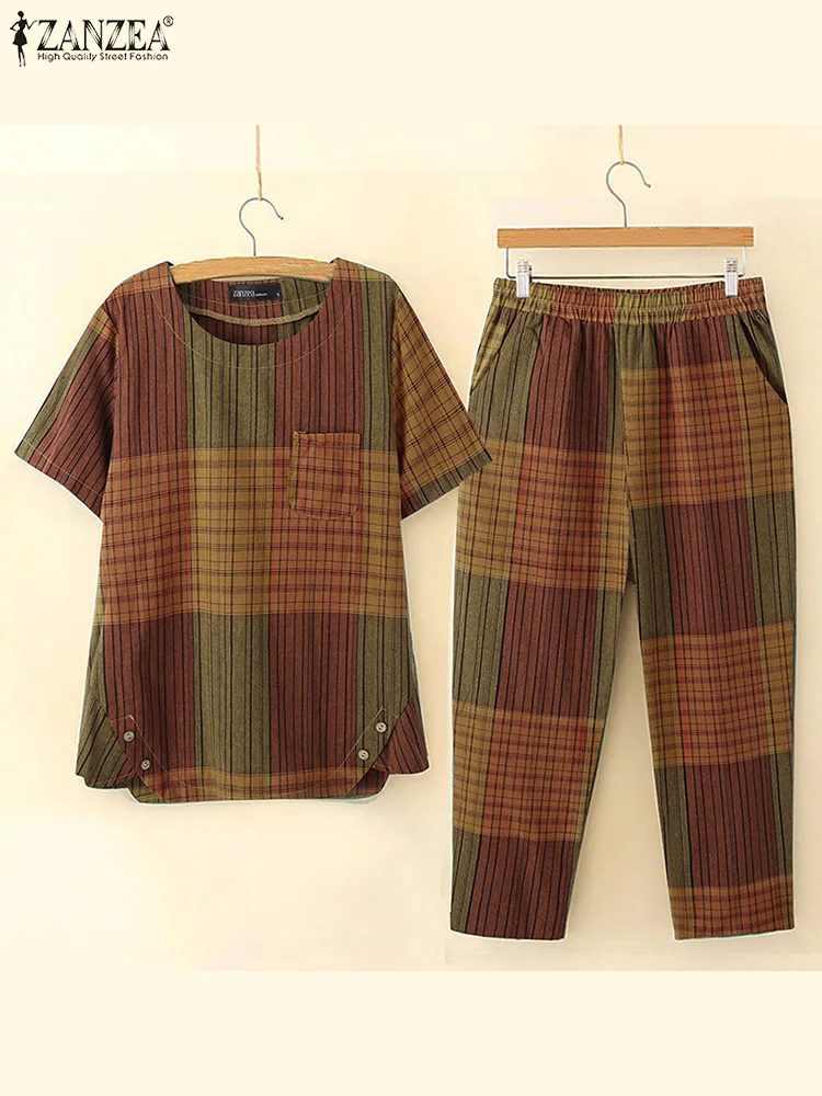 

ZANZEA Short Sleeve O-Neck Work Blouse A-line Buttons Pockets Pant Bohemian OL Suit 2022 Women Summer Grid Printed Matching Sets