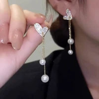 pullabe chain pearl pendant stud earrings long tassel drop earring for women korea statement shiny crystal heart earings jewelry