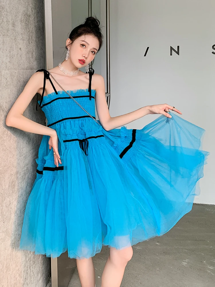 

Платье на бретельках для женщин 2022 летние элегантные сексуальные облегающие повседневные синие сетчатые Платья На Бретельках для девушек ...