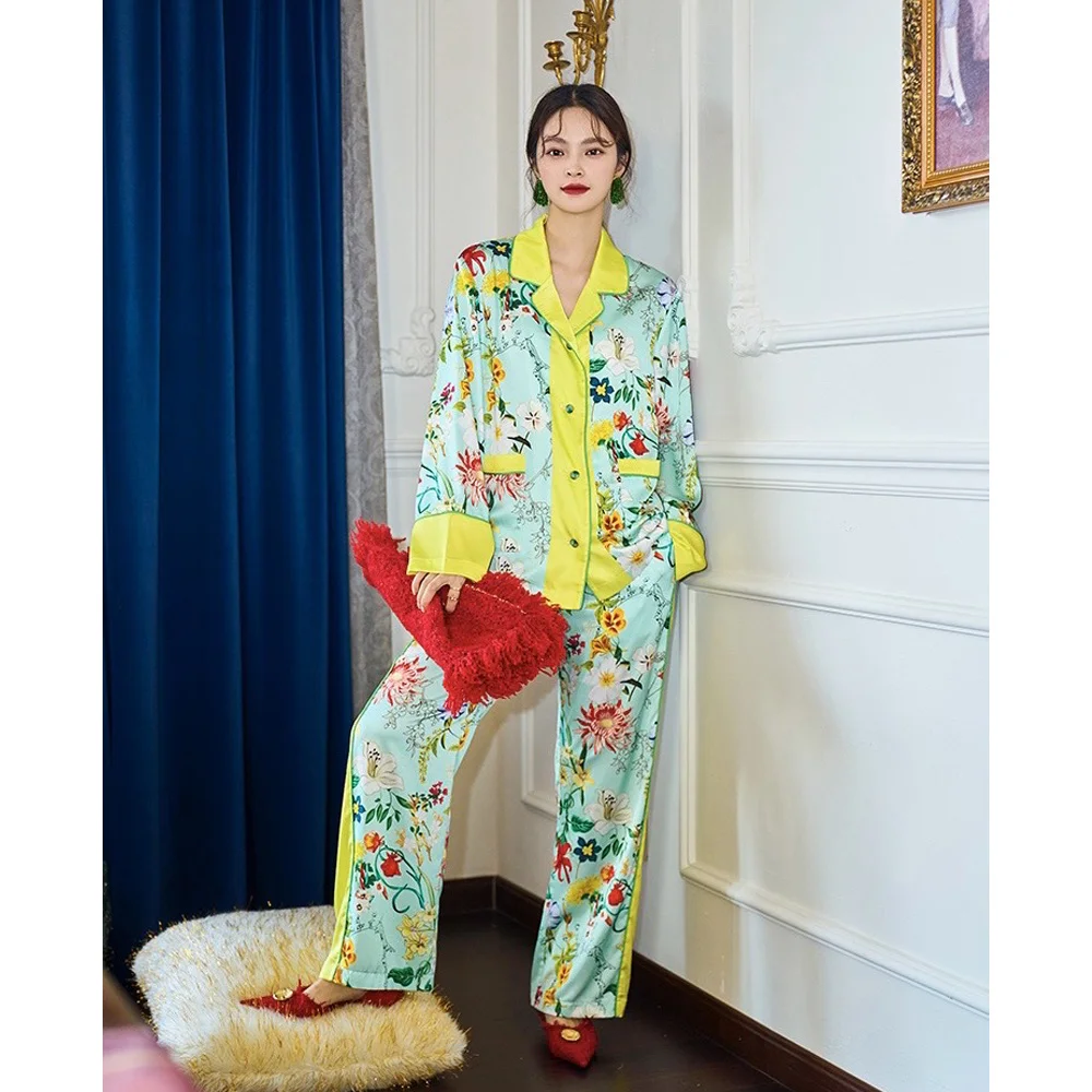 

Satin Pajamas Set Spring Autumn Home Suit with Pant Women's Green Print Pijama Suit Silk Pijama Set Sleepwear for Female Pyjamas