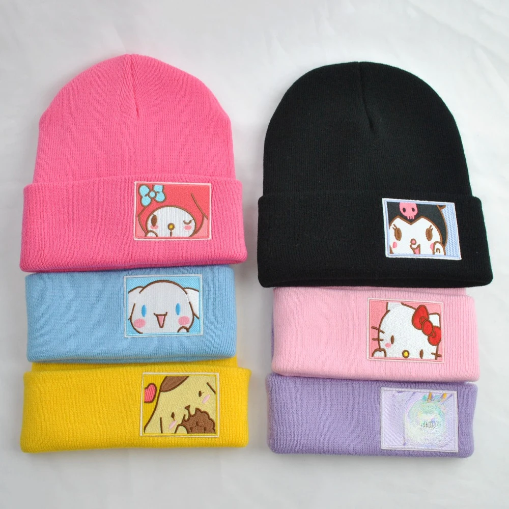

Вязаная шапка Sanrio Kawaii Kuromi мультяшная Милая Уличная Повседневная универсальная шерстяная шапка Студенческая аниме простая теплая шерстяная шапка для холодного отдыха подарок