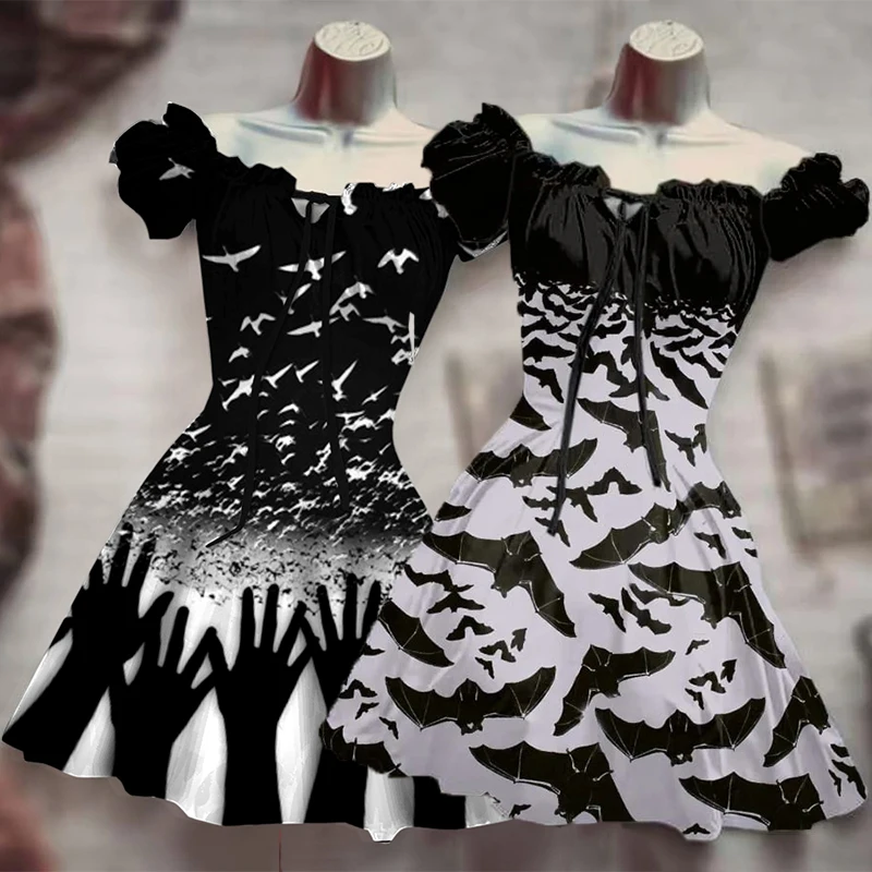 

Летучие мыши, Череп, готический ужас, призрак, Хэллоуин, тыква, 3D принт, костюм Y2K, платье в гавайском стиле, богемное платье, Vestido Mujer Black Hands