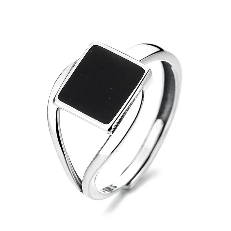 

594FJ 595FJ ZFSILVER Silver S925 Fashion Adjustable Retro Irregular Geometric Black Enamel Square Ring For Women Wedding Jewelry