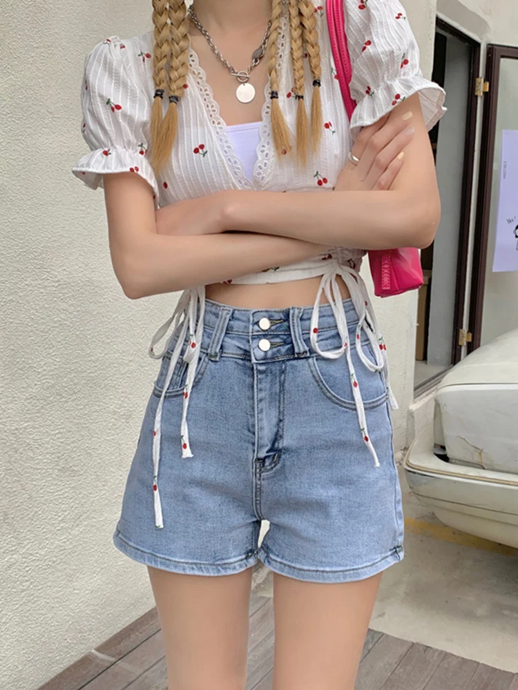 New Spring Summer Women High Waist Slim Fit Denim Shorts Streetwear Female Straight Button Jeans Shorts Bottoms