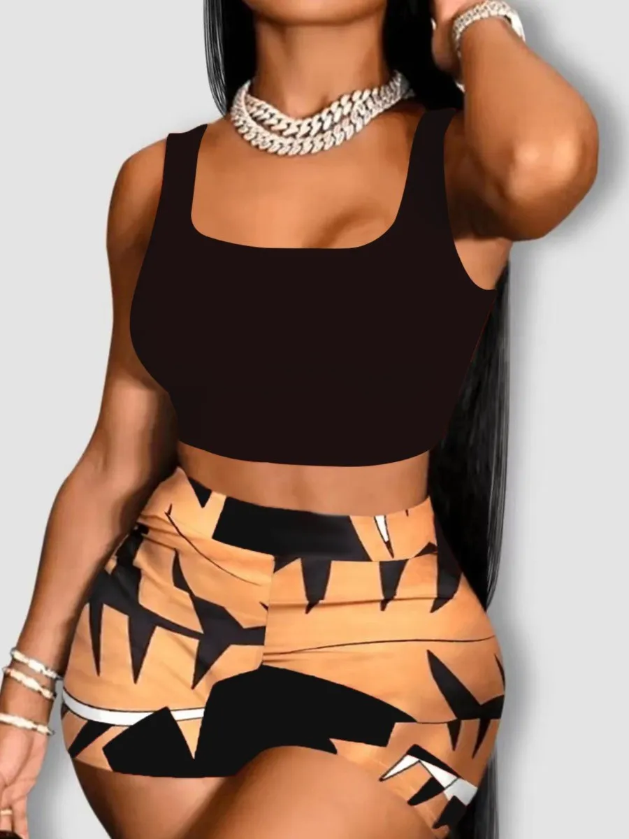 

LW Crop Top Mixed Print Shorts Set Women Sports Two-piece Running Set Summer Women's Suit Casual Short Sleeve Top Shorts Set