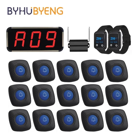 Беспроводная система вызова BYHUBYENG, часы-пейджер + Дисплей + Водонепроницаемая кнопка вызова, звонок для ресторана, официанта, пейджер для кафе, бара, кальяна