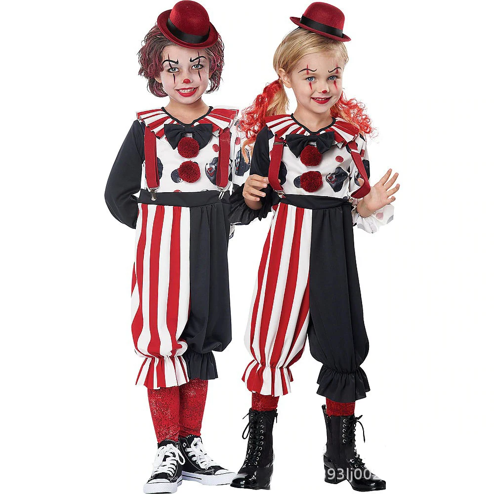 

Halloween Hot Kid Funny Circus Clown Cosplay Costume With Wig Naughty Harlequin Uniform Fancy Performance Clothing For Boy Girl