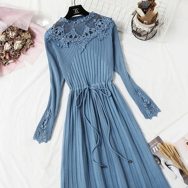 

Women Knitted Sweater Long Dresses Stitching Lace Crochet Beading Slim Dress Ladies Urban Drawstring Dress 500g