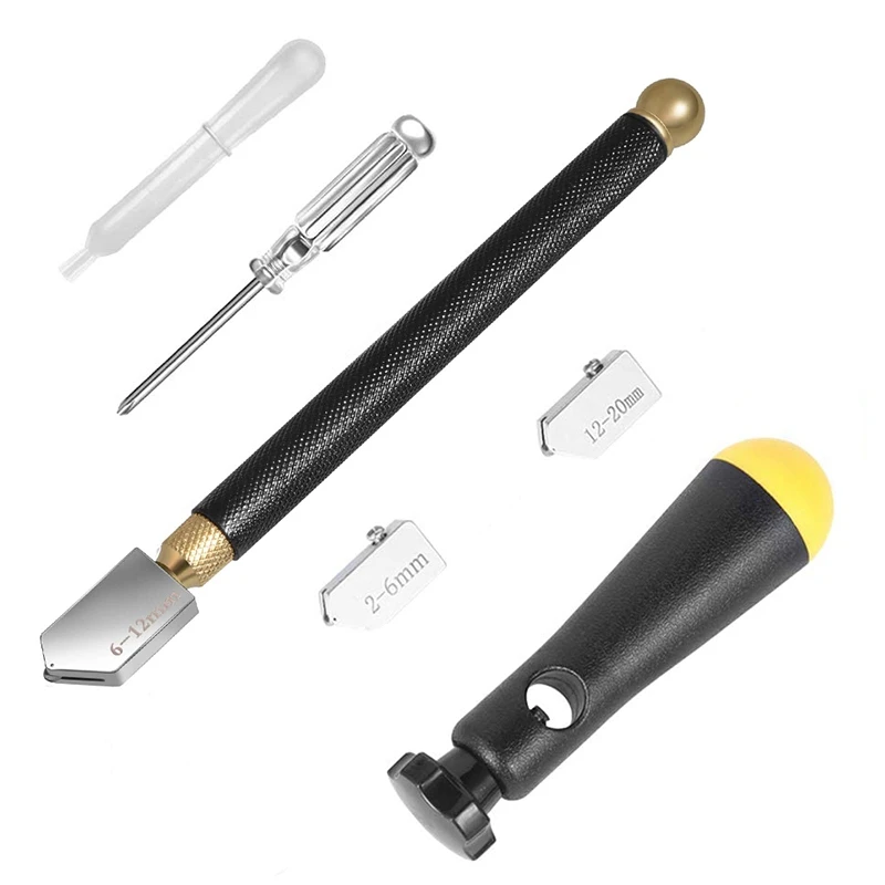 

Glass Cutter,2Mm-20Mm Professional Glass Cutting Tools Pencil Style Oil Feed With 3 Carbide Tips,Auxiliary Handle