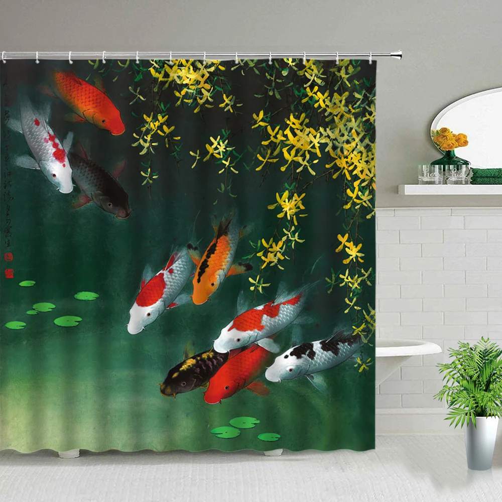 

Занавеска для душа в китайском стиле с принтом кои, экран для ванной комнаты, водонепроницаемый фон, ткань для украшения стен, подвесная занавеска, подарок