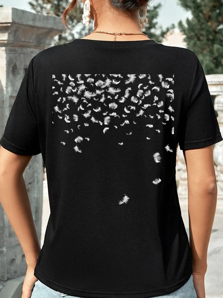 

Футболка женская с коротким рукавом, модный топ с принтом перьев, с круглым вырезом, милый графический Рисунок, уличная одежда, на лето
