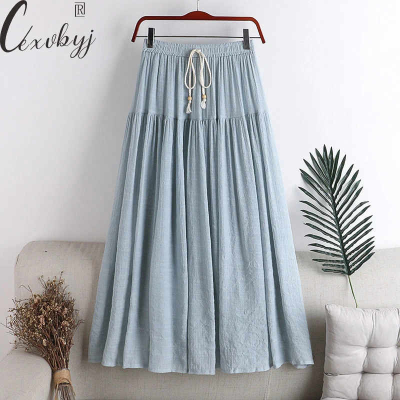 

Cotton Linen Pleated Skirt Women Casual Solid Colors Elastic High Waist Long Skirts Boho Style Drawstring Beach Skirt Summer