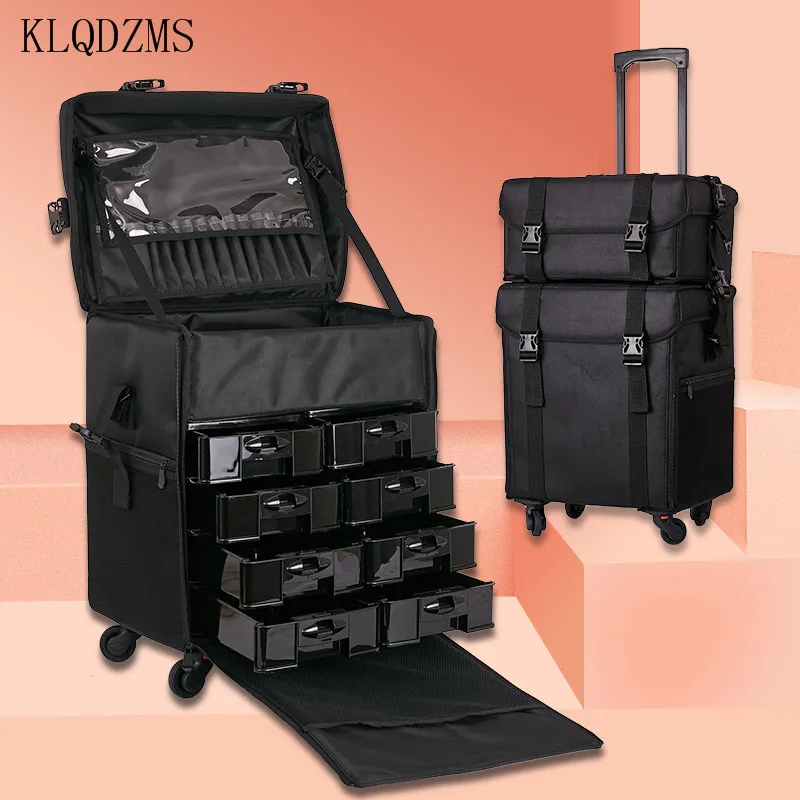 KLQDZMS Cosmetic Box Trolley Embroidery Nail Toolbox Oxford Cloth Nylon Multi-functional Makeup And Beauty Large Trolley Case