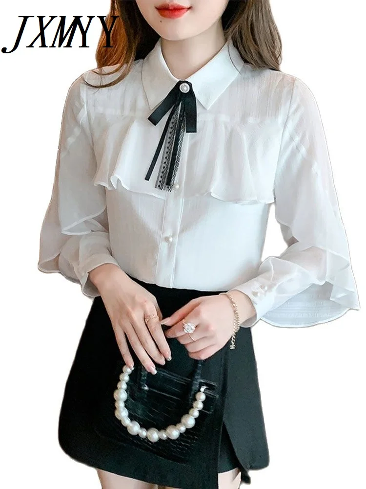 

JXMYY Chiffon White Shirt 2022 Spring And Autumn New Fashion Design Lotus Leaf Elegant Temperament Short Shirt Women's Top