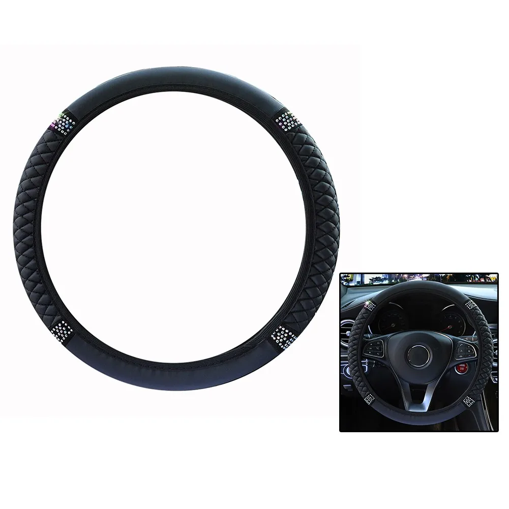 

15"/38cm Universal Black PU Leather Diamond Car Steering Wheel Cover Protector Auto Car Wheel Cover Car Decor Accessories