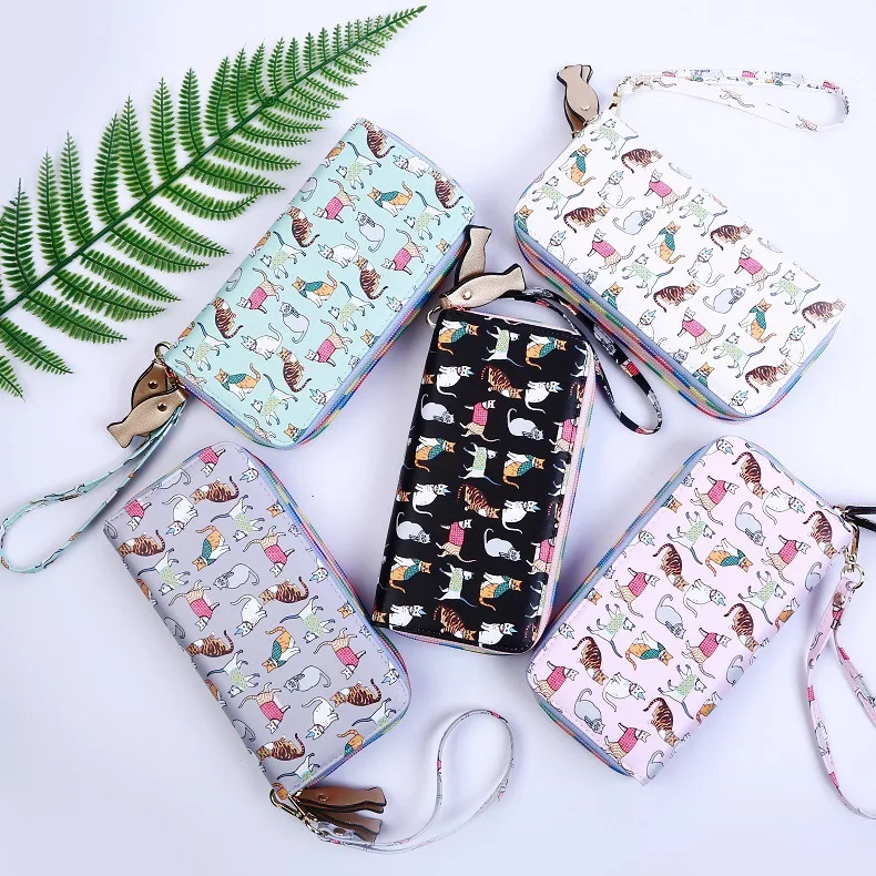Vrouwen Lange Cartoon Print Dubbele Rits Draad Dames Hand Portemonnee Multi-Card Mode Wilde Mobiele Telefoon Bag сумка женская