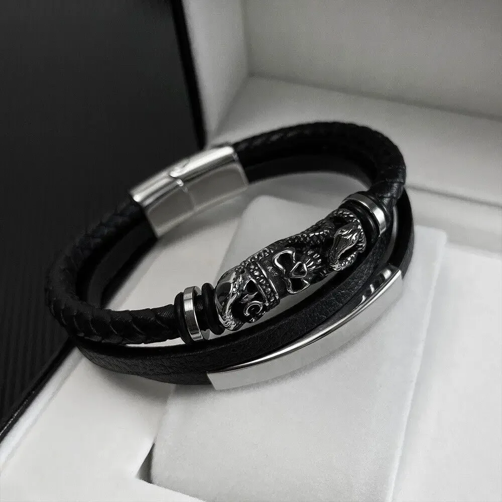 Многослойный кожаный Браслет-манжета CHUANGCHENG с змеиным черепом из нержавеющей
