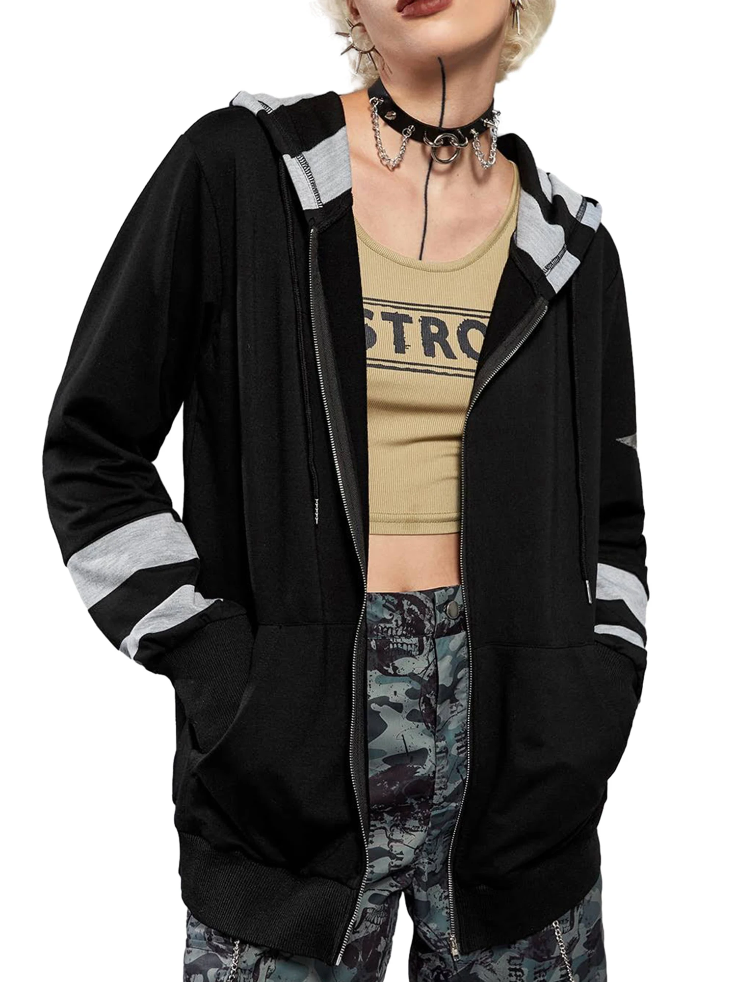 

Women s Gothic Punk Hoodies Halloween Chic Skeleton Printed Hoodie Tops Long Sleeve Skull Zipper Sweatshirt Streetwear - Black