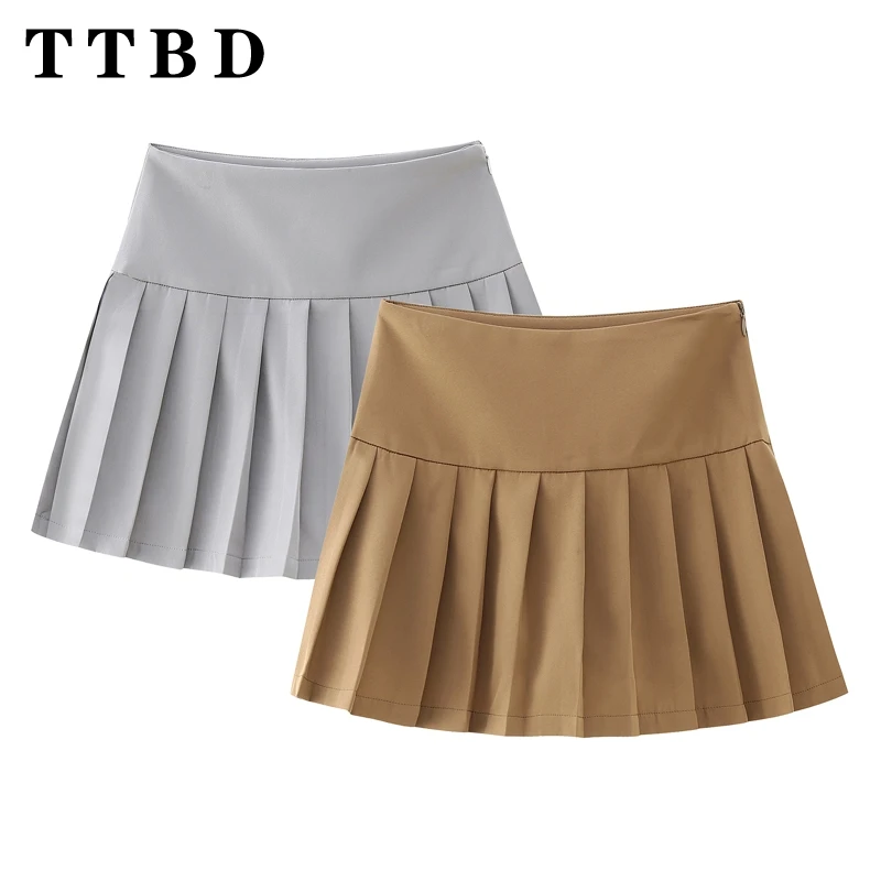 TTBD 2024 новая летняя женская модная мини-юбка с высокой талией шикарная однотонная
