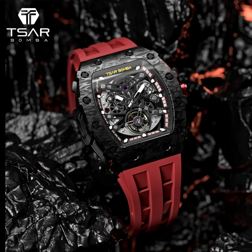 

TSAR BOMBA Relógio masculino safira espelho resistente a arranhões luxo marca superior fibra de carbono 5atm à prova d'água presente premium reloj hombre