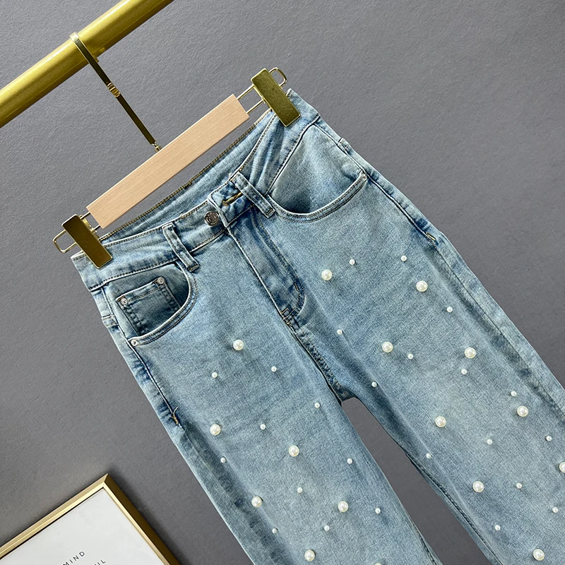 Women's Mop Trousers 2023 New Spring High Waist Loose and Slim Straight Jeans Heavy Industry Beads Wide Leg Denim Pants