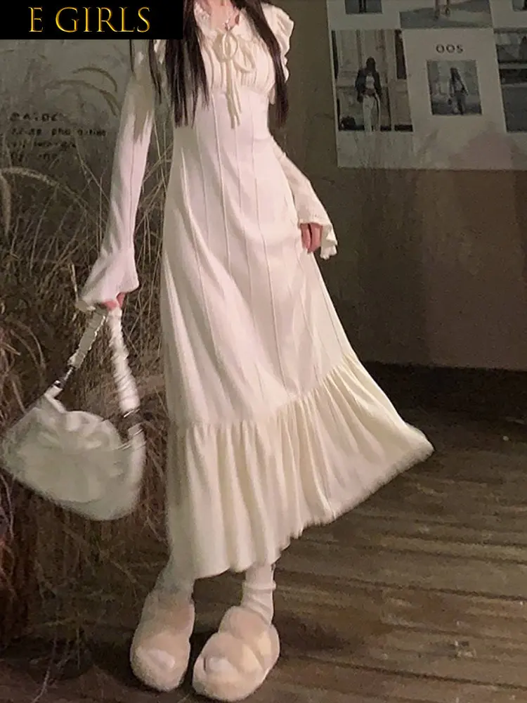 

Summer Dresses Women Elegant Long Sleeve Midi Woman Casual Fairy One Piece Korean Style Pure Color Short Party Female Winter