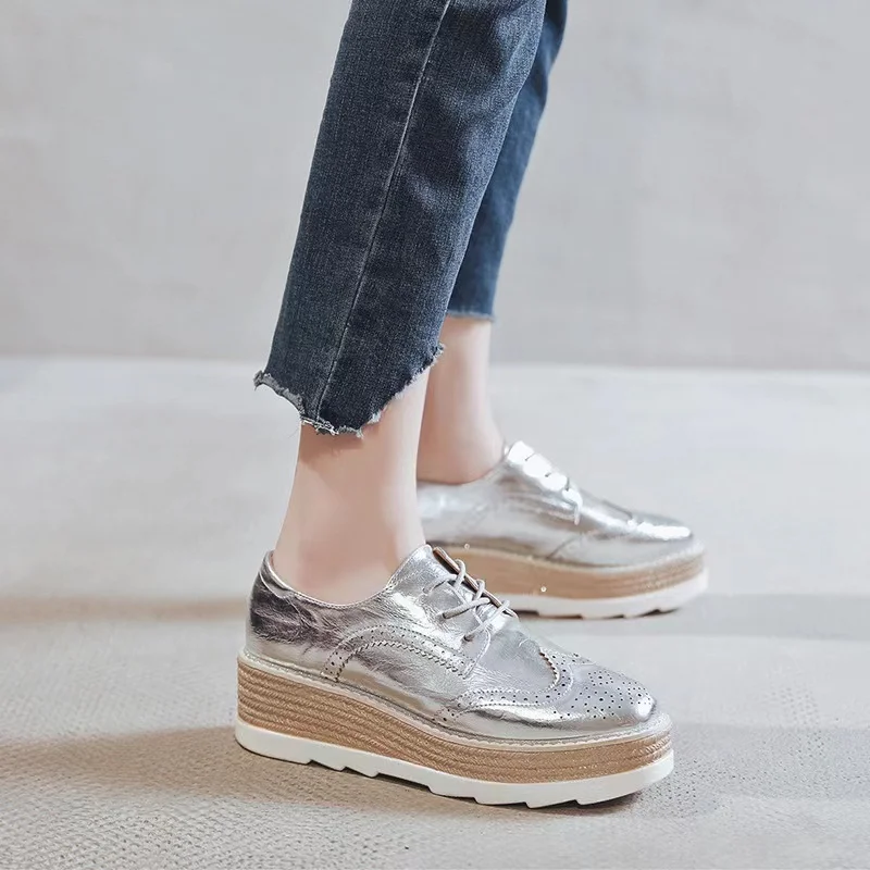 Patent Leather Women Platform Oxfords Brogue Flats Shoes Lace Up Square Toe Brand Female Footwear Shoe For Women Creepers Silver
