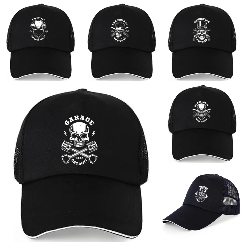 

Summer Women Men Baseball Cap Black Snapback Skull Print Short Brim Sunhat Outdoor Hip Hop Pure Cotton Adjustable Baseball Hats
