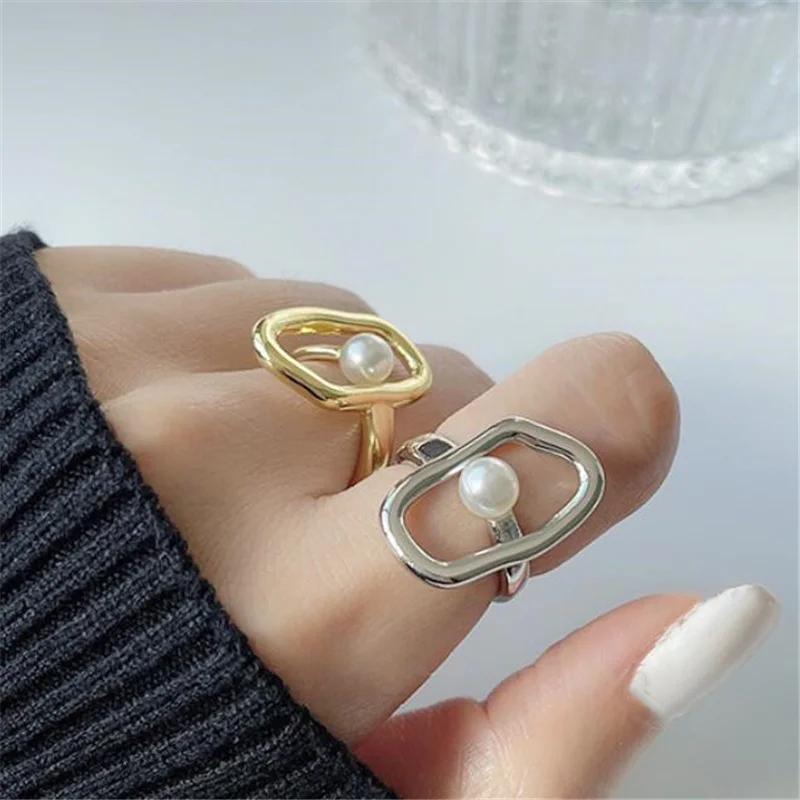 

New Simple Korean Style Open Pearl Rings Metal Gold Silver Color Geometric Fashion Women's Finger Ring Elegant Jewelry Gifts
