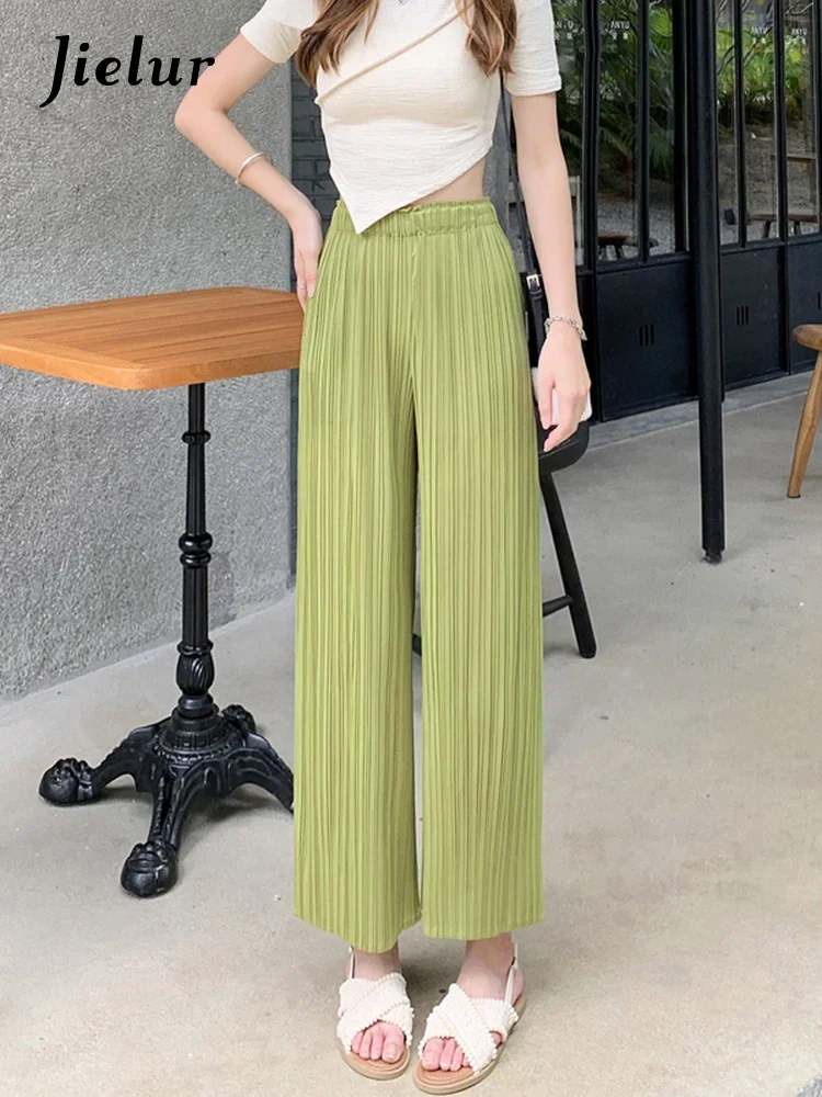 Jielur Зеленые плиссированные женские брюки с эластичным поясом прямые однотонные