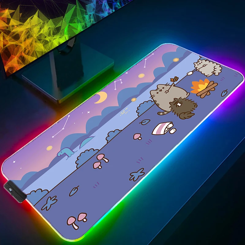 

Pusheen Cat Anime RGB Kawaii Large Mouse Pad 900x400 Keyboard Office Rubber Soft Cute Mousepad PC Gaming LED Luminous Table Mat