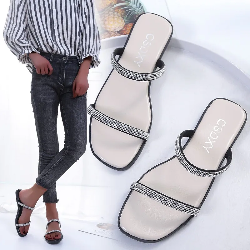 

2021 New Summer Comfortable Rhinestone Simple Large Size Flat Slippers Suitable For Outdoor