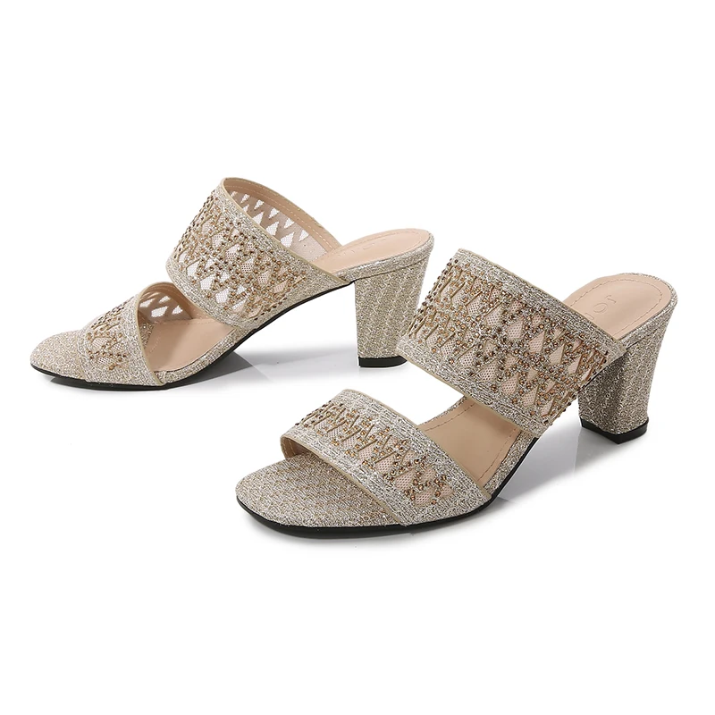 2022  Summer Sequins Hollow Open Toe Thick High Heels Women Slippers Sexy Street Woman Square Toes Dress Party Shoes Size 36-41