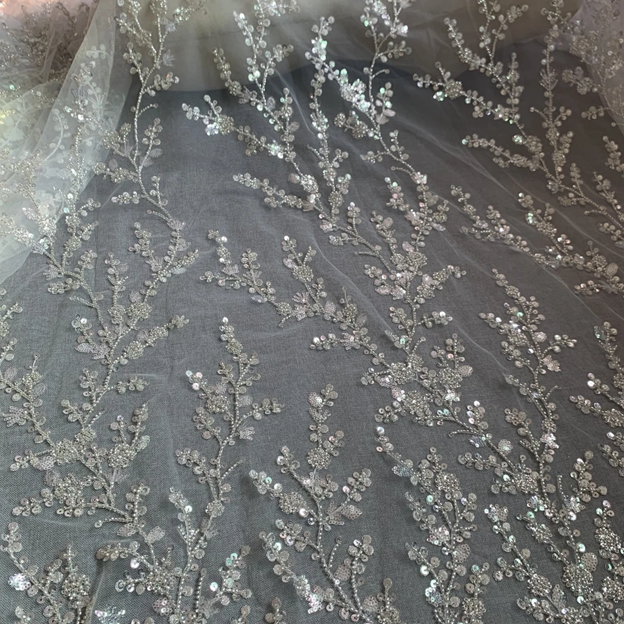 

1 Yard Silvery Sequins+Beads Embroidered Tulle Lace Fabric for Lady Evening Gowns Nice!