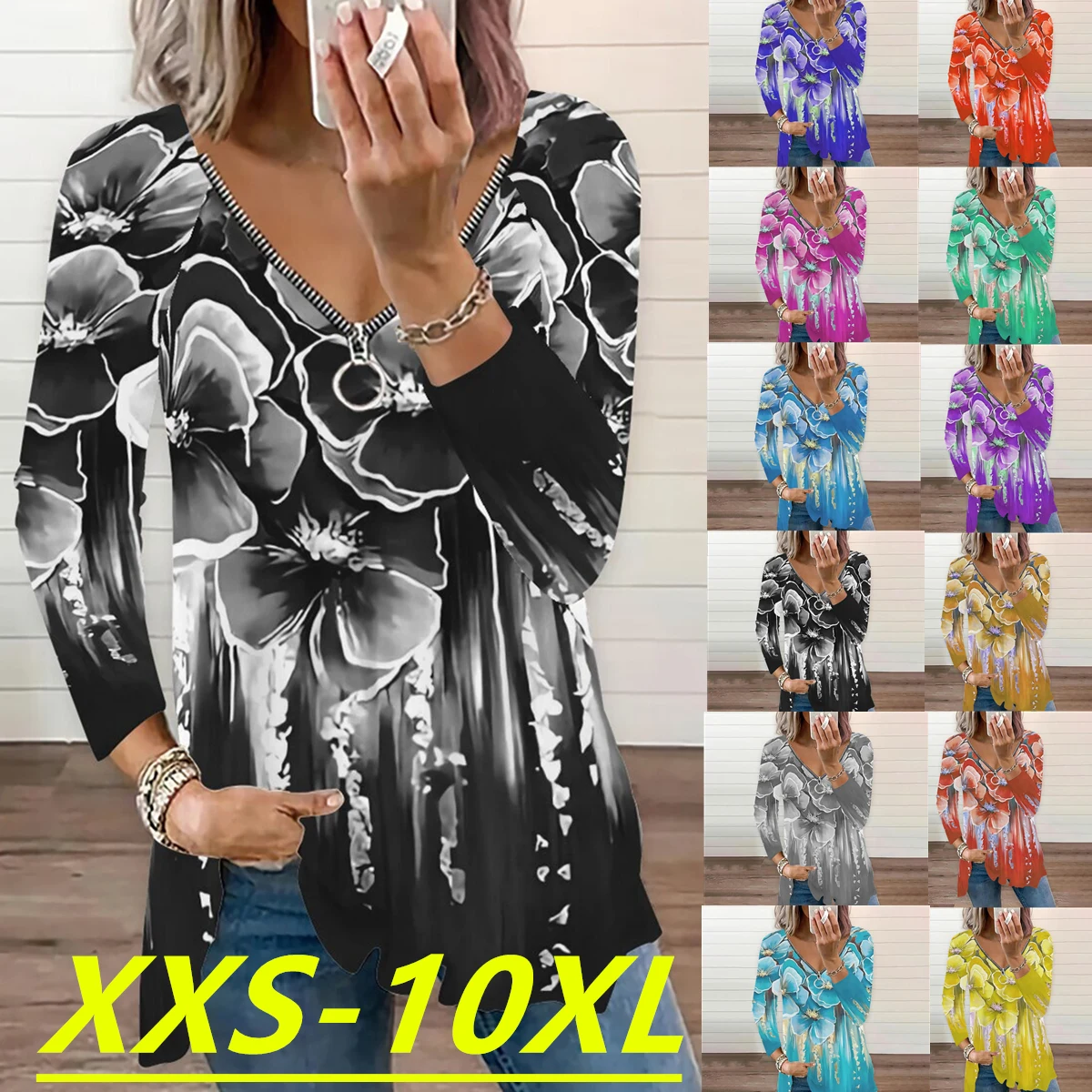 

Autumn/Winter 2022 Fashion Women's Printed V-Neck Long Sleeve Casual Plus Size Top XXS-10XL