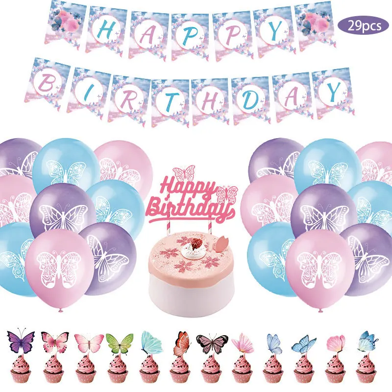 

29pcs Gradient Sequin Butterfly Happy Birthday Banner Pink Confetti Balloon Set Cake Topper Wedding Kids Party Decor Supplies