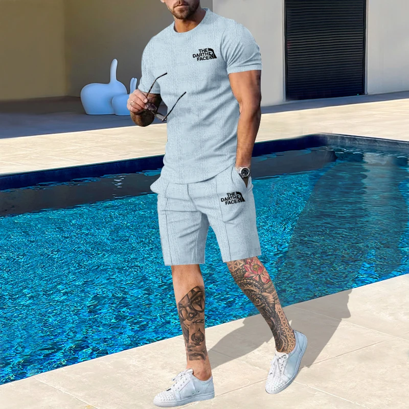 Summer  Round Neck 2023 New T-shirt Short-sleeved  Men's Casual Suit Fashion Shorts Two-piece suit Men's Sport Clothing