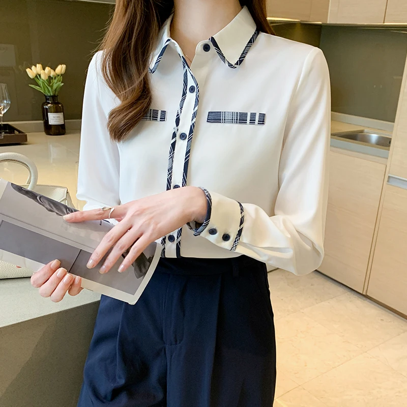 

Шифоновая женская блузка с принтом, модная Свободная рубашка-поло на весну и осень, повседневный Топ с длинным рукавом и пуговицами