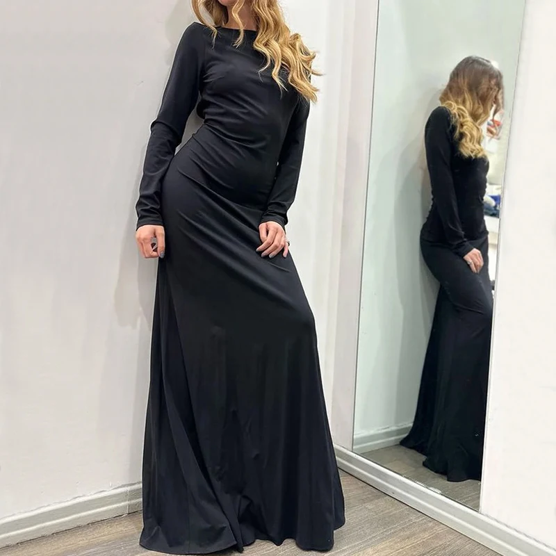 

Ellafads Black Dresses Women Autumn Fashion Sexy Backless Long Sleeve Solid Pleated Maxi Dress Elegant Party Gown Streetwear