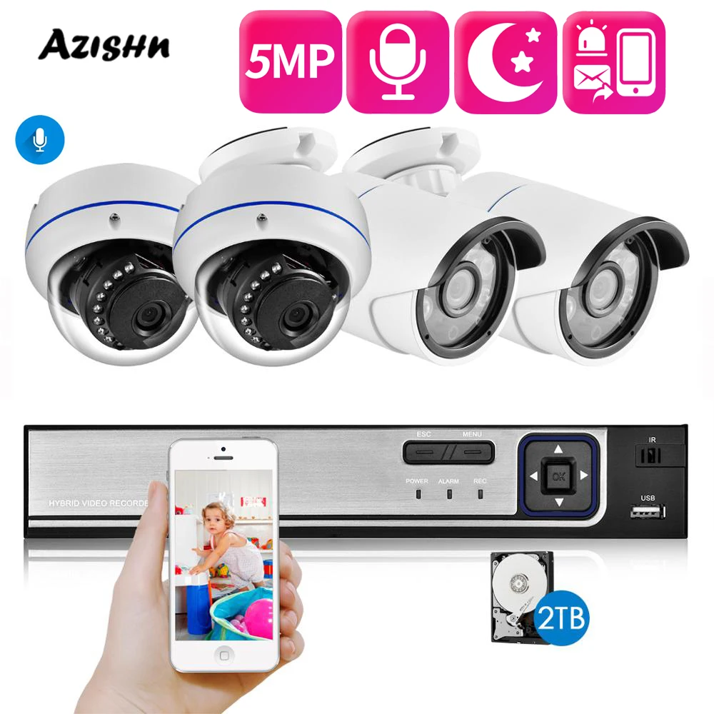 

AZISHN Indoor and Outdoor Sports Monitoring CCTV Hemisphere POE IP 4CH 5MP POE NVR Kit P2P Video Monitoring Kit