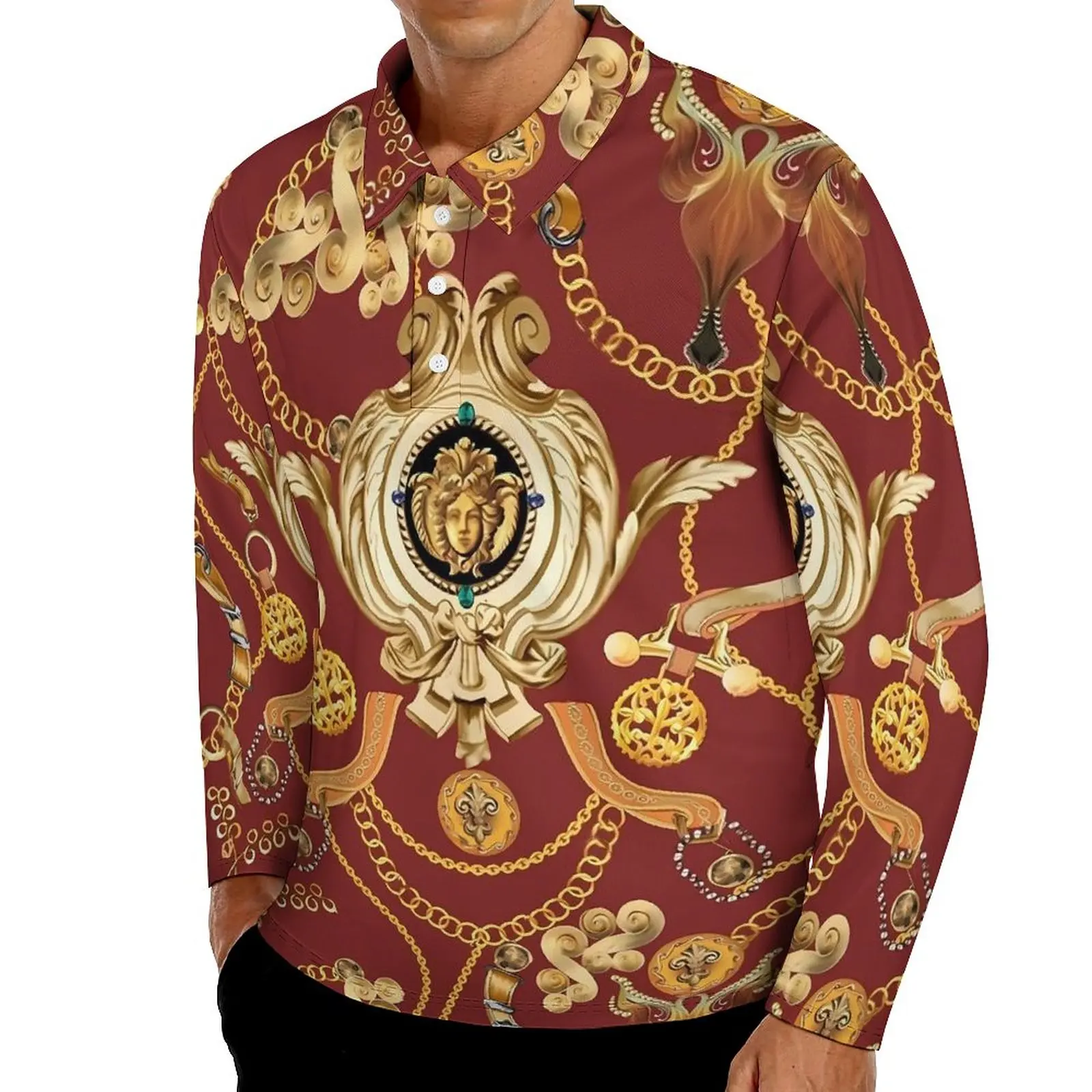 

Gold Chain Print Casual T-Shirts Baroque Design Polo Shirts Man Trending Shirt Spring Long Sleeve Graphic Tops 4XL 5XL 6XL