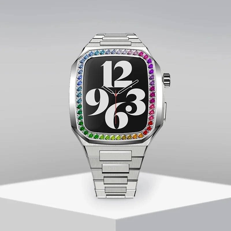 Diamond Modification Kit for Apple Watch 7 45mm Stainless Steel Case for Series Iwatch 6 5 4 SE 44MM Leather Band Luxury Frame