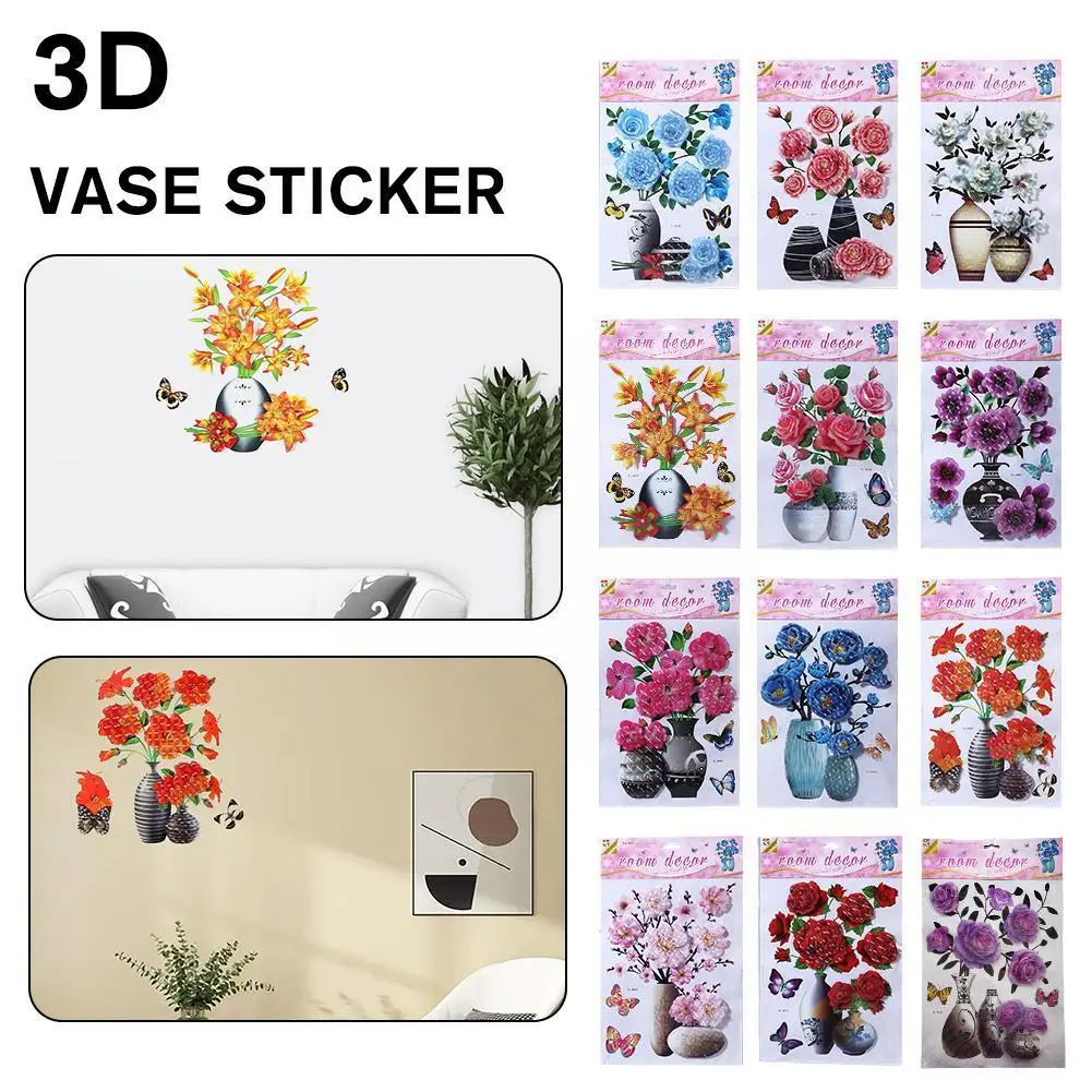 

3D Vase Wall Stickers Modern Flower Self-adhesive Wall Aesthetic Romantic Mural For House Room Door Fridge Decor Z3C6