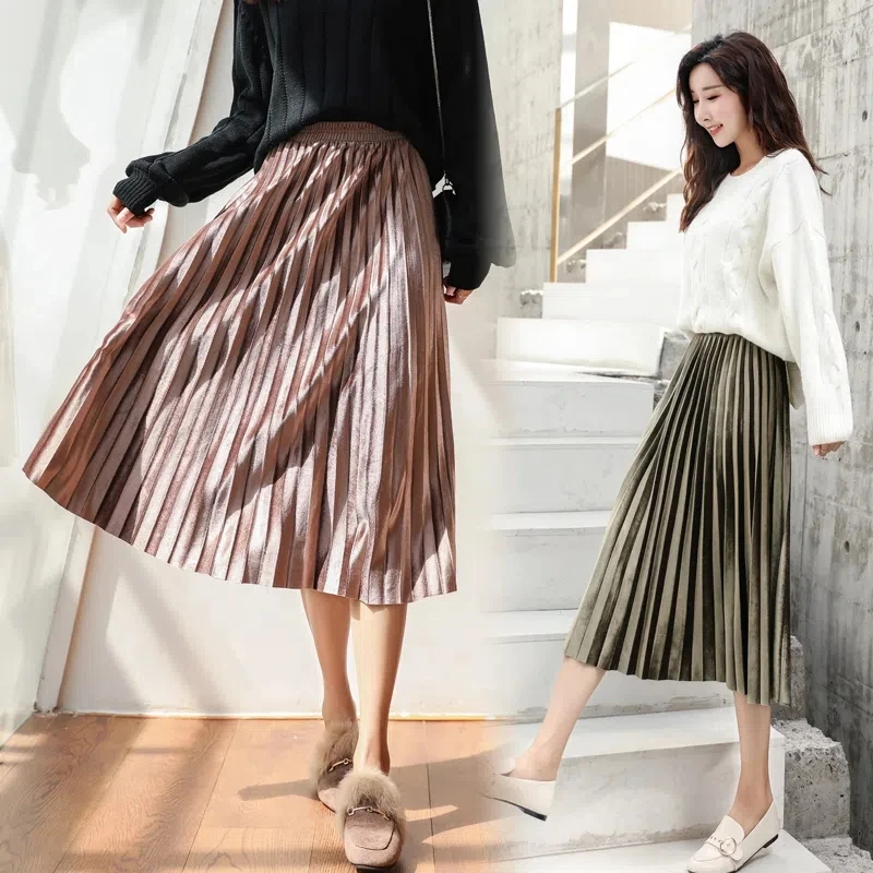 

Elastic High Waist Skirts Large Hem Long Skirt Office Lady Fashion Casual A-line Pleated All-match Skirts Streetwear