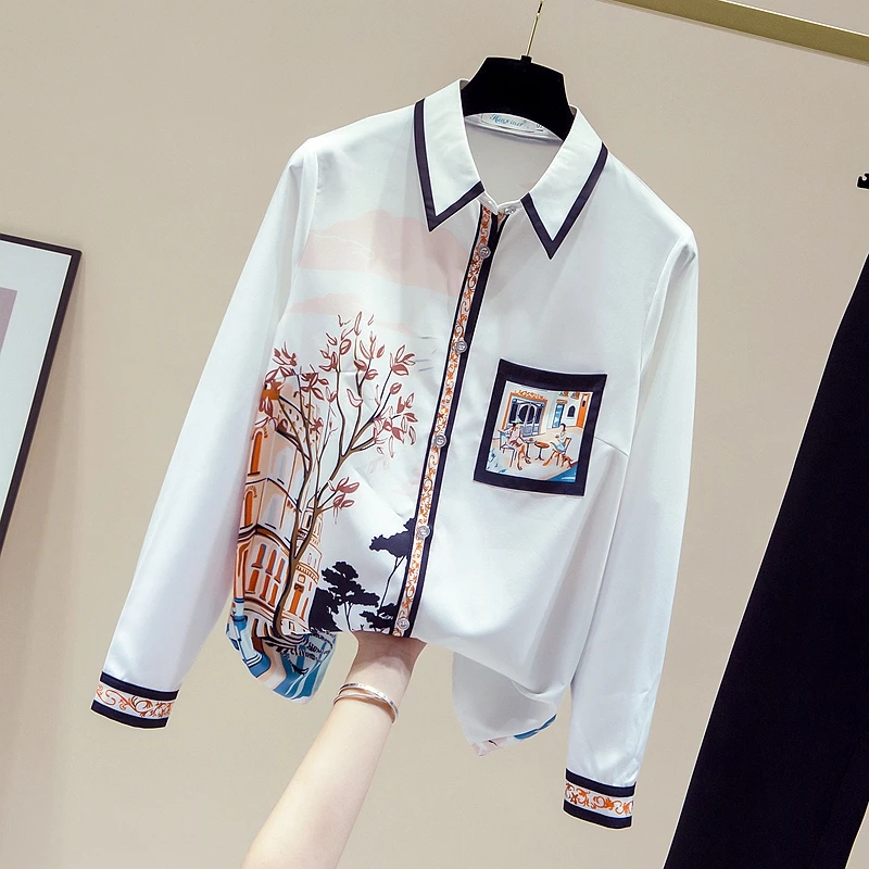 

Summer Women Shirt Long Sleeve Top Korean Fashion Chiffon Printing Leisure Loose Polo Collar Houthion