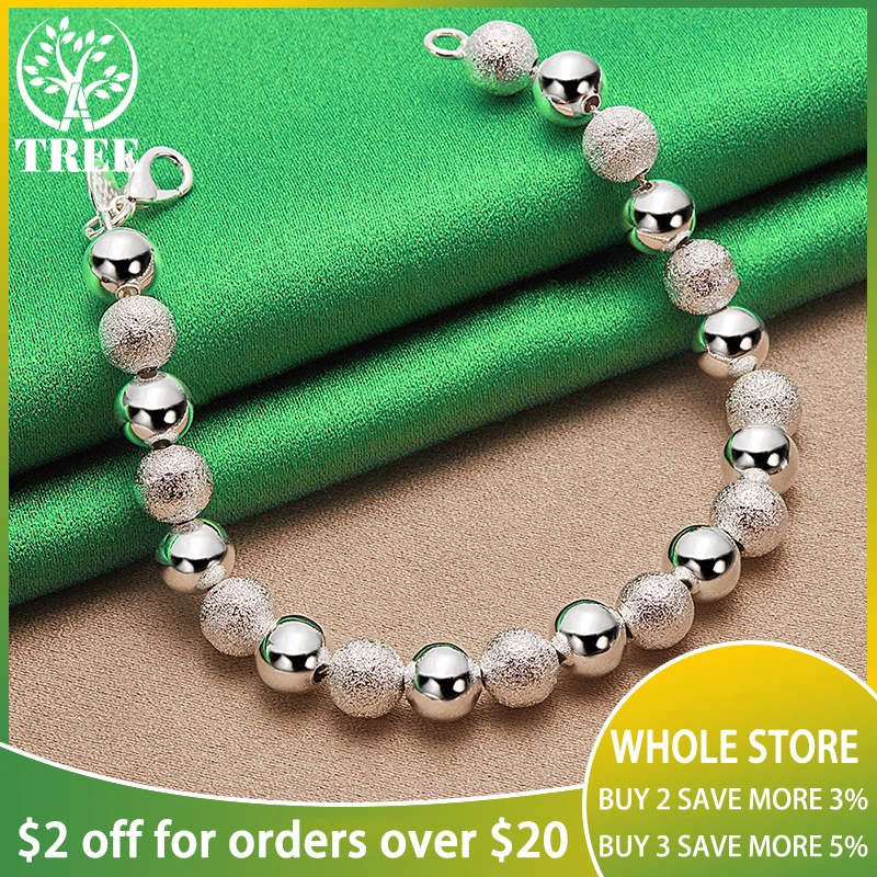 

925 Sterling Silver 20cm Chain 8mm Smooth Beads Matte Balls Bracelets For Woman Wedding Engagement Party Birthday Charm Jewelry