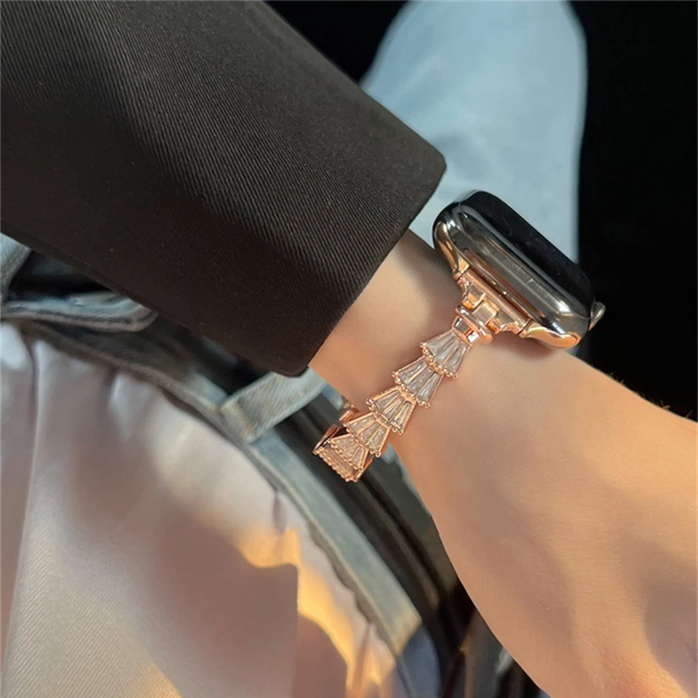 Rose Gold Slim Metal Band for Apple Watch 8 7 Ultra 49mm 41 45mm 40 44mm Women Diamond Bracelet for IWatch Series 8 6 3 4 5 Se 2