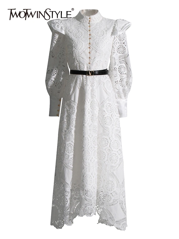 

TWOTWINSTYLE Hollow Out Lace Dresses For Women Stand Collar Lantern Sleeve High Waist Spliced Belt Elegant Dress Female Clothing